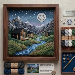 Peut inclure: Une œuvre d'art encadrée et crochetée à la main, intitulée "The Lunar Serenity", représente un paysage nocturne avec des montagnes, une rivière et des cabanes sous un ciel étoilé et une lune. L'image est accompagnée de fil, de crochets et d'autres fournitures.