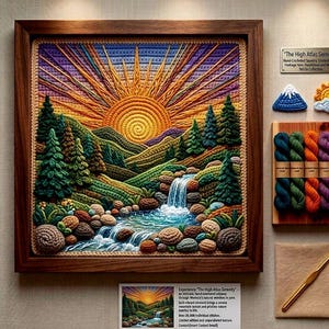 Peut inclure: Tapisserie crochetée à la main dans un cadre en bois représentant un coucher de soleil sur un paysage de montagne avec une cascade. L'œuvre présente des couleurs vives, notamment orange, jaune, vert et bleu. Le texte sur le cadre indique "The High Atlas Serenity".