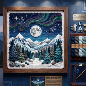 May include: A handcrafted crochet tapestry, "The Solar Serenity", shows a night scene with mountains, trees, and a full moon. The artwork is framed in wood and uses blues, greens, and white. The tapestry includes the text "Experience The Solar Serenity Nightfall".