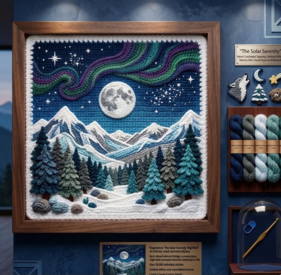 30 3D Crochet Patterns for Texture, Shape, and Standout Handmade Projects 16 Aurora Nightfall Mountain Wall Art