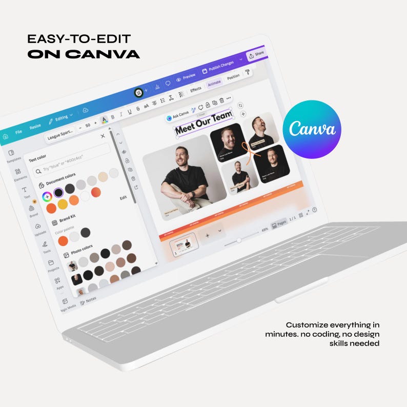 A laptop screen displays a Canva design interface showing a "Meet Our Team" project with portraits. Text reads "Easy-to-edit on Canva.  Customize everything in minutes. no coding, no design skills needed" A Canva logo is visible.