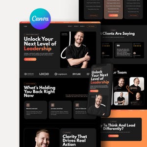 May include: A digital marketing graphic with the Canva logo, featuring the text "Unlock Your Next Level of Leadership." The image includes a website design, a smartphone displaying the same text, and a smiling man.