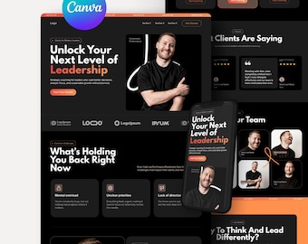 Canva-websitesjabloon, zwart modern minimaal ontwerp, digitale marketing één pagina, bestemmingspagina voor coaches