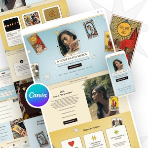 Può includere: Un design digitale con un mockup di sito web e smartphone con illustrazioni di carte dei tarocchi. Il sito web mostra il testo "O NOME DA SUA MARCA" e "Canva". La combinazione di colori include azzurro, oro e bianco.