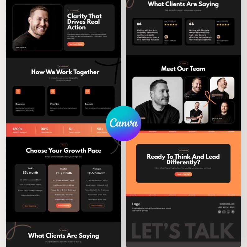 This image is a bright, modern business webpage layout with sections on services, testimonials, pricing plans, and team photos. It conveys professionalism and accessibility.