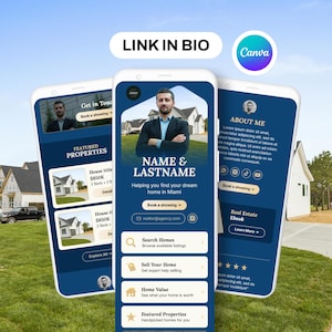Real Estate Link In Bio Canva Template | Realtor Mini Website | Mobile Landing Page for Real Estate Agents | Digital Business Card | Blue
