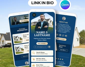 Real Estate Link In Bio Canva Template | Realtor Mini Website | Mobile Landing Page for Real Estate Agents | Digital Business Card | Blue