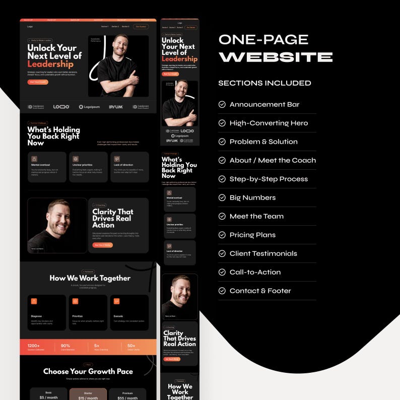 One-page canva website mockup featuring a leadership theme. Includes sections like announcement bar, meet the coach, and pricing plans. A sidebar lists sections such as high-converting hero and client testimonials.