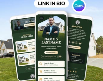 Real Estate Link In Bio Canva Template | Realtor Mini Website | Mobile Landing Page for Real Estate Agents | Digital Business Card | Green