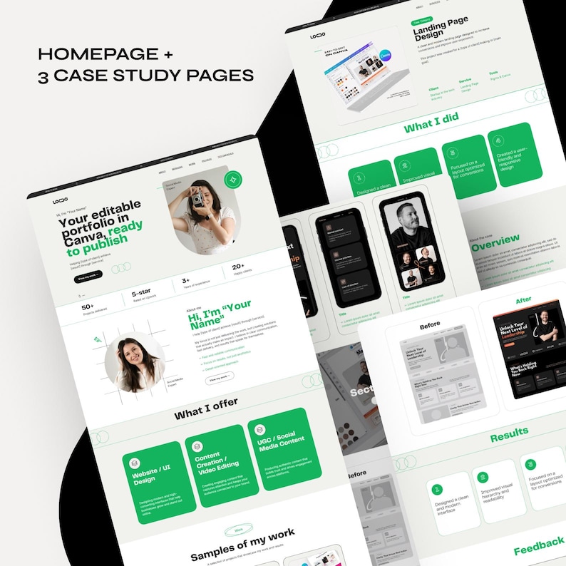 Op de afbeelding: Een digitaal ontwerpportfolio met website- en UI-ontwerp, contentcreatie en social media content services. Het ontwerp bevat een homepage en drie casestudypagina's, met de tekst "Your editable portfolio in Canva, ready to publish."
