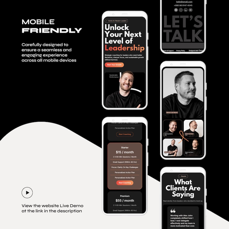 Mobile-friendly design showcases leadership coaching app on smartphones. Features pricing plans, testimonials, and engaging visuals on a sleek backdrop.