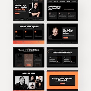 Website layout with sections for leadership coaching. Includes testimonials, team photos, pricing plans, and service details. Modern and engaging design.
