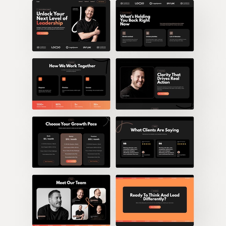 Website layout with sections for leadership coaching. Includes testimonials, team photos, pricing plans, and service details. Modern and engaging design.
