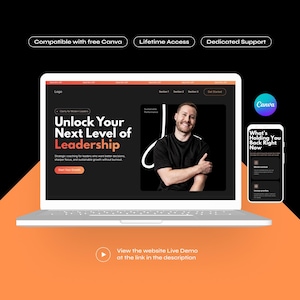 A laptop displays a coaching website titled "Clarity That Drives Real Action," with a smiling man on screen. Includes Canva compatibility and phone demo.