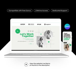 Op de afbeelding: Een laptop toont een website-interface met de tekst "Let's Work Together". Een smartphone toont een portfolio in Canva. De afbeelding bevat de tekst "Compatibel met gratis Canva", "Levenslange toegang" en "Dedicated Support".
