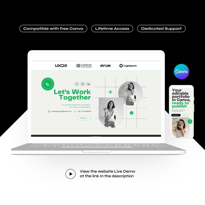 Op de afbeelding: Een laptop toont een website-interface met de tekst "Let's Work Together". Een smartphone toont een portfolio in Canva. De afbeelding bevat de tekst "Compatibel met gratis Canva", "Levenslange toegang" en "Dedicated Support".