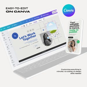Op de afbeelding: Een laptop en smartphone tonen een Canva-ontwerpinterface. Het laptopscherm toont een ontwerp met de tekst "Let's Work Together". De smartphone toont een portfolio-ontwerp. Tekst op de afbeelding luidt "Easy-to-edit on Canva."