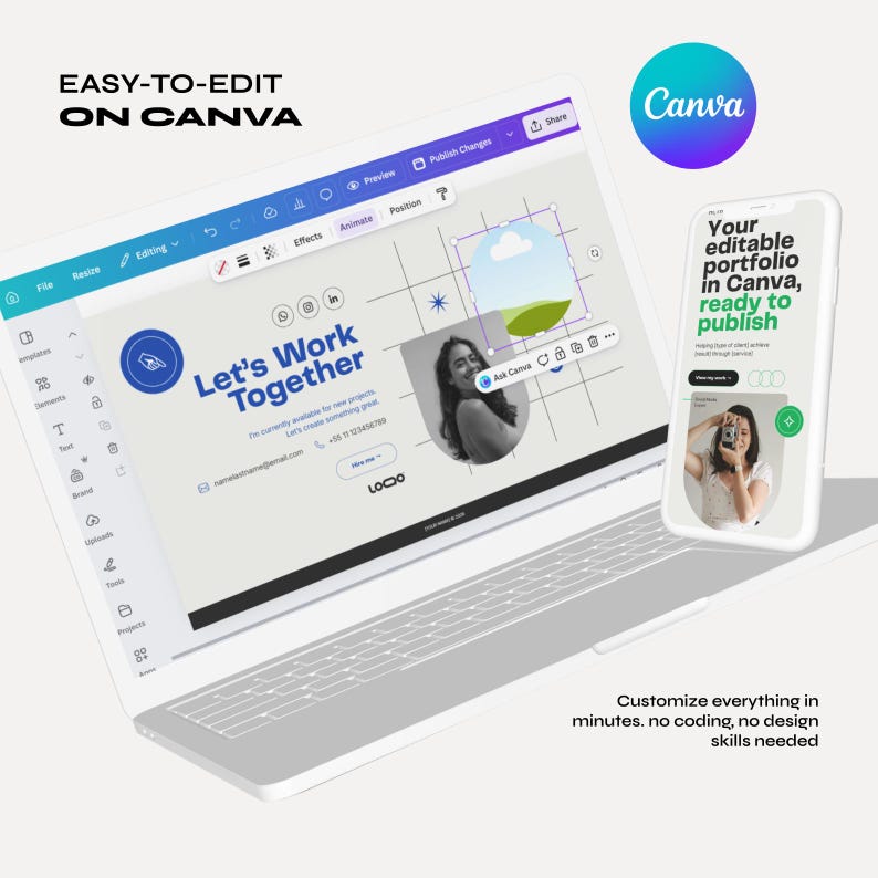 Op de afbeelding: Een laptop en smartphone tonen een Canva-ontwerpinterface. Het laptopscherm toont een ontwerp met de tekst "Let's Work Together". De smartphone toont een portfolio-ontwerp. Tekst op de afbeelding luidt "Easy-to-edit on Canva."