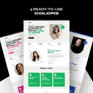 Op de afbeelding: Drie mockups van website-ontwerpen in wit, roze en groen. De tekst luidt "Uw bewerkbare portfolio in Canva, klaar om te publiceren". De ontwerpen bevatten foto's, pictogrammen en tekstvakken. De bovenste tekst luidt "3 KLAAR OM TE GEBRUIKEN KLEUREN."