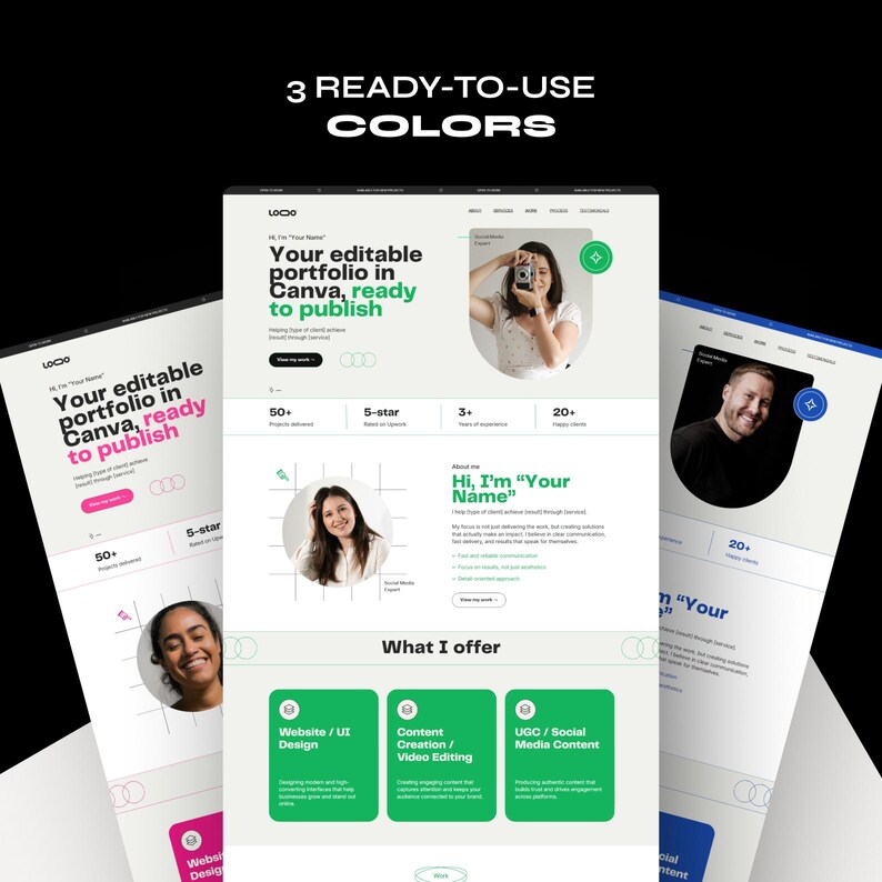 Op de afbeelding: Drie mockups van website-ontwerpen in wit, roze en groen. De tekst luidt "Uw bewerkbare portfolio in Canva, klaar om te publiceren". De ontwerpen bevatten foto's, pictogrammen en tekstvakken. De bovenste tekst luidt "3 KLAAR OM TE GEBRUIKEN KLEUREN."