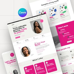 May include: A digital marketing portfolio template in Canva, ready to publish. The design features a white and pink color scheme with images of a woman. The Canva logo is visible. The text includes "Samples of my work" and "What I offer."