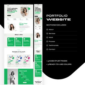Op de afbeelding: Een website portfolio template met een strak, modern design. Het ontwerp bevat secties voor Over, Diensten, Werk, Proces, Getuigenissen en Contact. De tekst luidt "Uw bewerkbare portfolio in Canva, klaar om te publiceren."