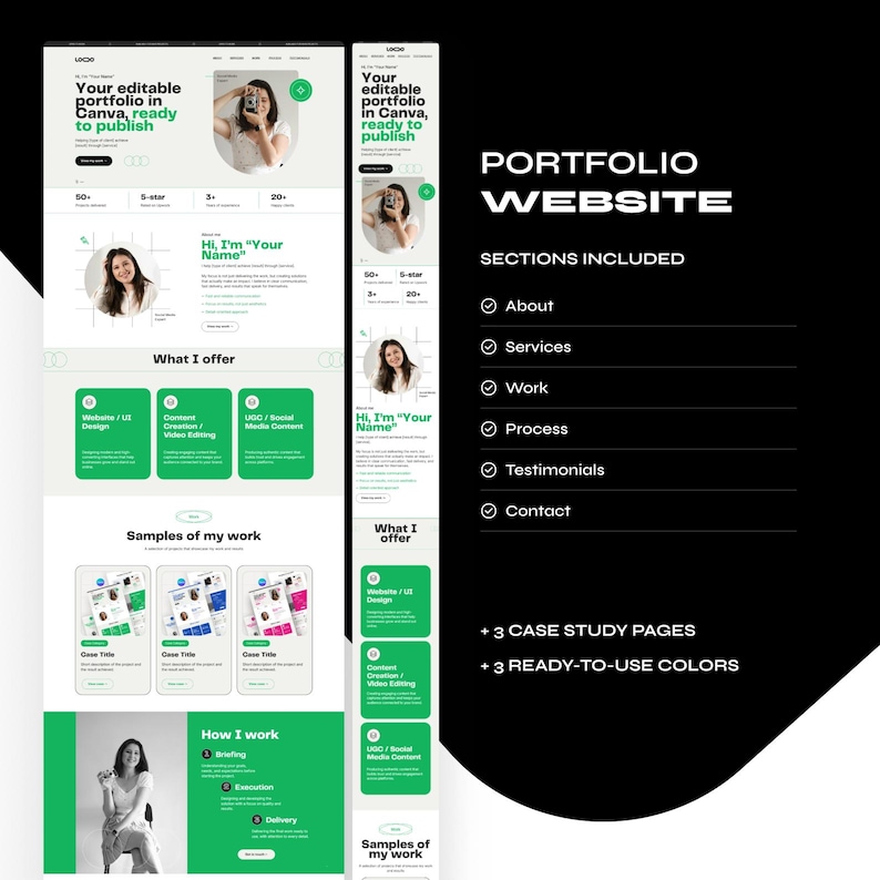 Op de afbeelding: Een website portfolio template met een strak, modern design. Het ontwerp bevat secties voor Over, Diensten, Werk, Proces, Getuigenissen en Contact. De tekst luidt "Uw bewerkbare portfolio in Canva, klaar om te publiceren."