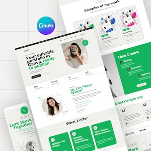 Op de afbeelding: Een digitale marketing portfolio template in Canva, klaar om te publiceren. Het ontwerp heeft een witte achtergrond met groene en zwarte accenten. Het Canva-logo is zichtbaar, samen met de tekst "Let's Work Together."
