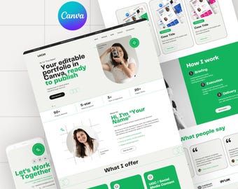Canva Portfolio Website Template | Green Modern Minimal Design | Personal Brand Website | Fully Editable + 3 Color Options