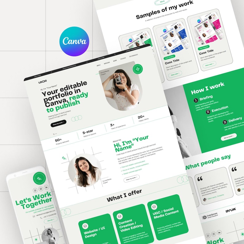 Op de afbeelding: Een digitale marketing portfolio template in Canva, klaar om te publiceren. Het ontwerp heeft een witte achtergrond met groene en zwarte accenten. Het Canva-logo is zichtbaar, samen met de tekst "Let's Work Together."