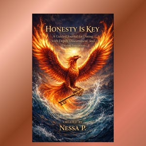 May include: A journal titled "Honesty is Key" with a phoenix illustration. The cover features a fiery orange phoenix holding a key over a blue ocean. Text includes "A Guided Journal for Dating" and "Created by Nessa P."