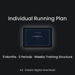 以下が含まれることがあります： HITZIPLAN、9 Months、3 Periods、Weekly Training Structure、A4 instant digital downloadというテキストが記載された個人用ランニングプランを表示するデジタルタブレット。インターフェースは暗い背景に白い文字と細い枠線で構成されています。