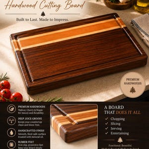 Premium Walnut | Cherry and maple Cutting board | Handmade Hardwood Butcher Block | Large Juice Groove Chopping Block | Kitchen Gift