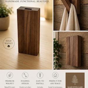 May include: A rectangular solid walnut folding wall hook with a dark brown wood grain. The hook features a vertical design that folds flat against the wall when not in use and extends outward to hold items. Text on the image reads FOLDING WALL HOOK.