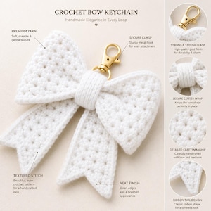 Puede incluir: Llavero de lazo blanco de ganchillo con cierre dorado. El llavero presenta una puntada texturizada y un acabado limpio. El texto de la imagen dice "CROCHET BOW KEYCHAIN" y "Handmade Elegance in Every Loop".