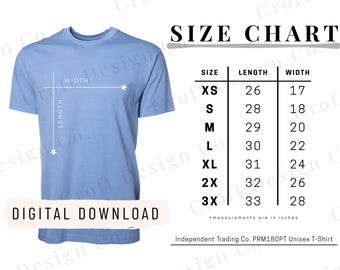 Independent Trading Co PRM180PT Size Chart | Unisex T-Shirt Guide (Digital Download)