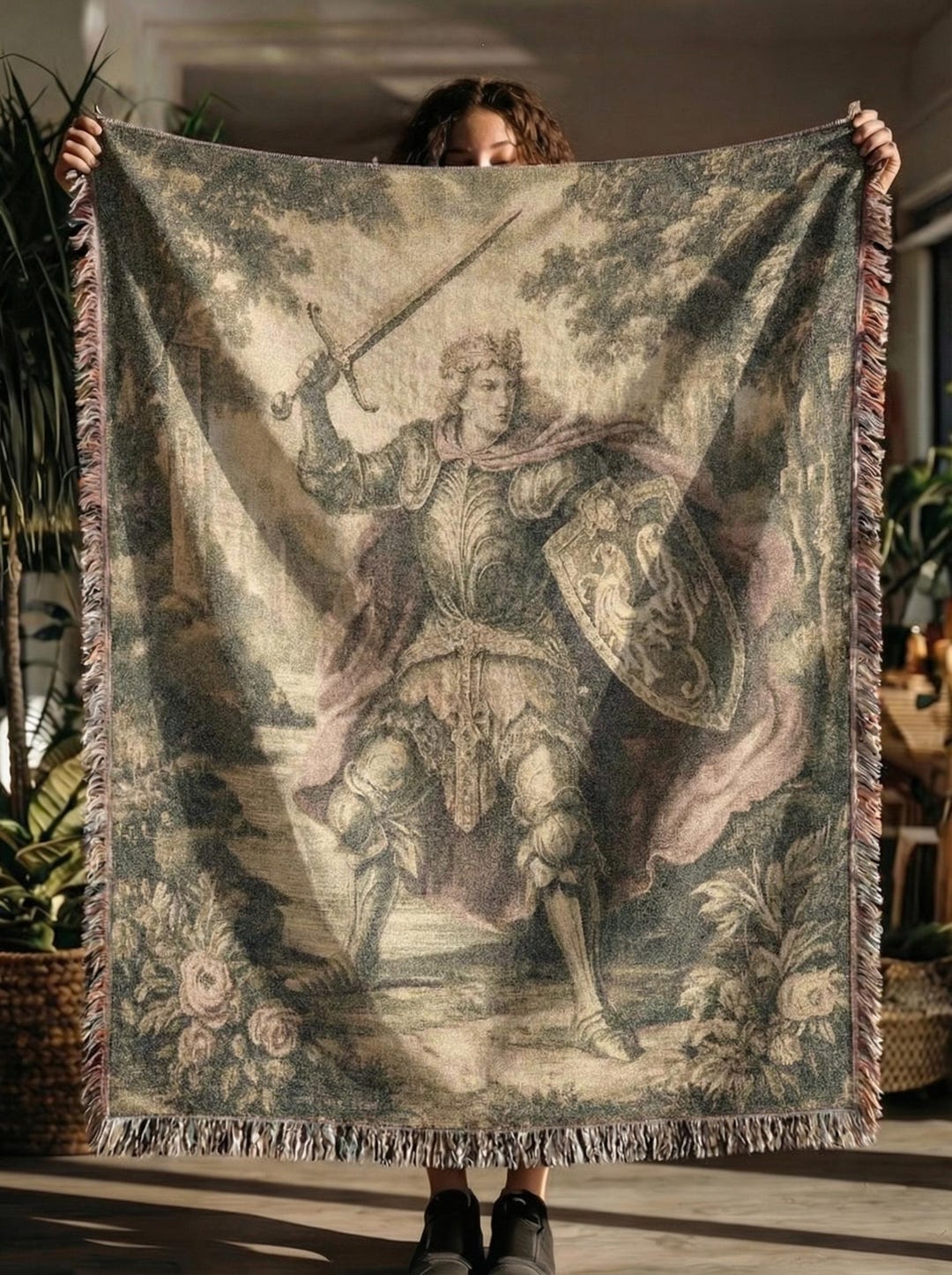 Knight Shield Throw Medieval Knight Woven Throw Blanket, Vintage Cotton Tapestry, Sword and ...