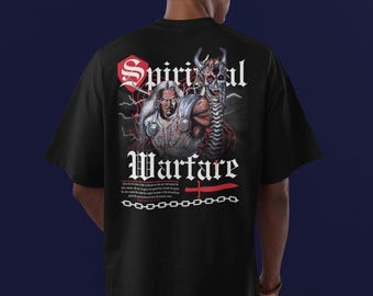 May include: A black t-shirt featuring a graphic on the back with the text "Spiritual Warfare" in white gothic font. The design includes a warrior figure, a horned skull, red lightning bolts, a red sword icon, and a chain graphic at the bottom.