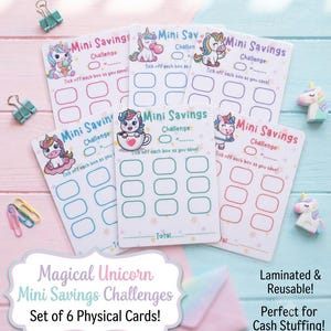 Mini Savings Challenge Cards | Unicorn Budget Planner Inserts, Laminated 6-Pack cash stuffing binder