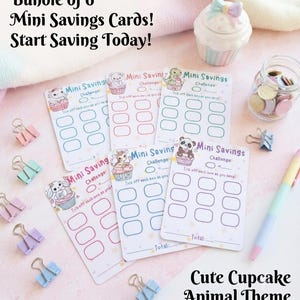 Mini Savings Challenge Cards | Cupcake Animal Cash stuffing Budget Planner Inserts, Laminated 6-Pack