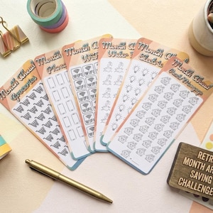 Month Ahead Savings Challenge Bundle | 6 Retro Budget Savings Trackers cash stuffing binder inserts