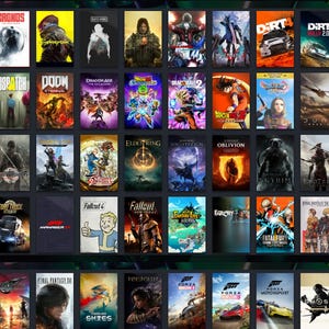 May include: A collection of video game box art featuring various titles. The covers display a range of genres, including action, adventure, and role-playing games. The artwork showcases characters, landscapes, and logos, with a variety of color palettes and styles.