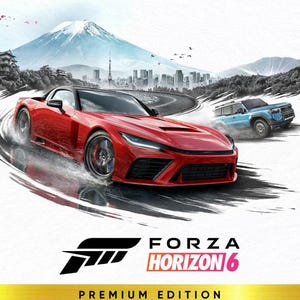 Könnte beinhalten: Ein roter Sportwagen fährt auf einer kurvenreichen Straße, spritzt Wasser auf. Ein blauer SUV folgt. Im Hintergrund ein Berg, eine Skyline und das Logo "Forza Horizon 6" mit dem Text "Premium Edition".