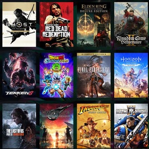May include: A collection of video game covers, featuring titles like "Ghost of Tsushima," "Red Dead Redemption," "Elden Ring," and "Kingdom Come: Deliverance." Other games include "Tekken 8," "Dragon Ball Z: Kakarot," and "Final Fantasy XVI." The covers display various characters and scenes.