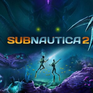 May include: A promotional image for Subnautica 2, featuring two divers exploring an underwater environment. The title "Subnautica 2" is prominently displayed in orange and silver. The background shows a large, dark creature and underwater flora.