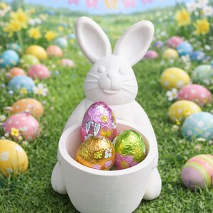 Peut inclure: Une figurine de lapin de Pâques en céramique blanche tenant un bol avec trois œufs en chocolat enveloppés dans du papier d'aluminium. La scène se déroule en extérieur avec des œufs de Pâques colorés éparpillés sur l'herbe et une bannière "Happy Easter".