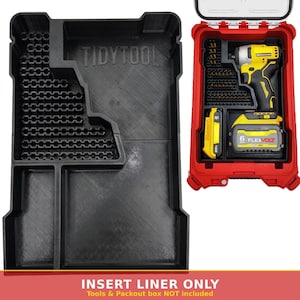 May include: A black plastic tool box insert liner featuring the embossed text TIDYTOOL. The liner has moulded compartments for a drill, battery, and drill bits. It is shown empty and also installed inside a red tool box containing a yellow and black drill.