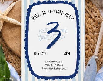 O-Fish-Ally 3rd Birthday Invitation | Under The Sea Birthday Invite | Fishing Theme Party Invitation | Three Year Old Boy Birthday | Digital