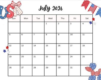 July 2026 Calendar Printable | Patriotic Calendar Template | Red White Blue Monthly Planner | USA Flag Decor | Summer Wall Calendar