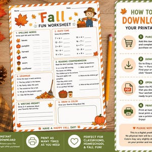 May include: A printable fall fun worksheet featuring sections for spelling, math, reading comprehension, grammar, and writing. The page includes illustrations of a scarecrow, pumpkins, and leaves, with a yellow pencil resting on the side.